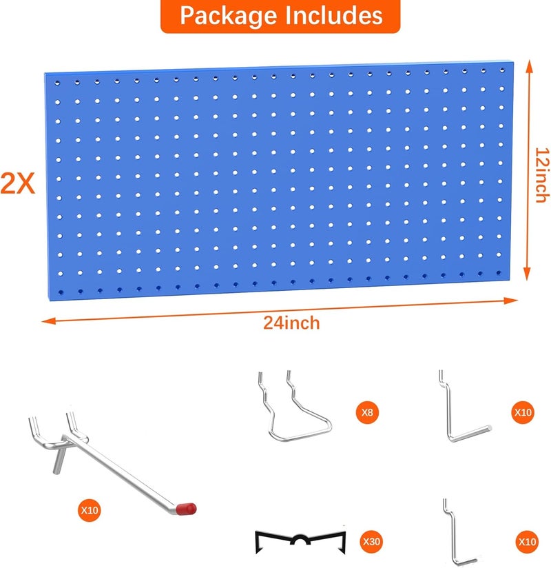 TORACK Metal Pegboard Wall Organizer 24" x 24" or 12" x 48", 70 PCS Tools Storage Pegboard for Garage Tool Organizer Pegboard with Peg Board Hooks for Workbench(Blue) - Image 4